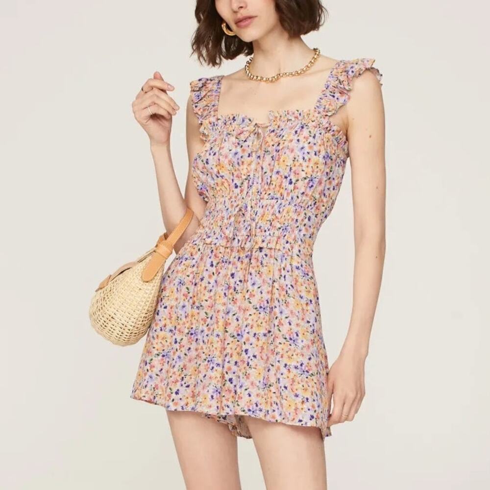 Yumi Kim Joni Romper Floral Print Sleeveless Ruffle Square Neck Multicolor Small